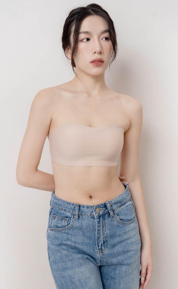 Strapless Lace Bras for Women Girls 0.2cm Ultra Thin Bandeau Bra White  Backless Tube Top Bra Lingerie (Color : Beige, Size : 80/36B)