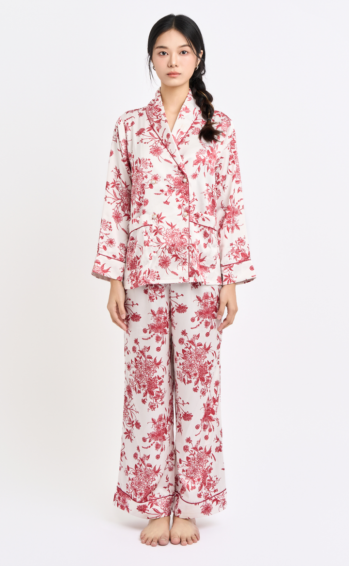 Cozy Bloom • Silk Satin Long Sleeve Pajamas Set (Red Flower Sketch)