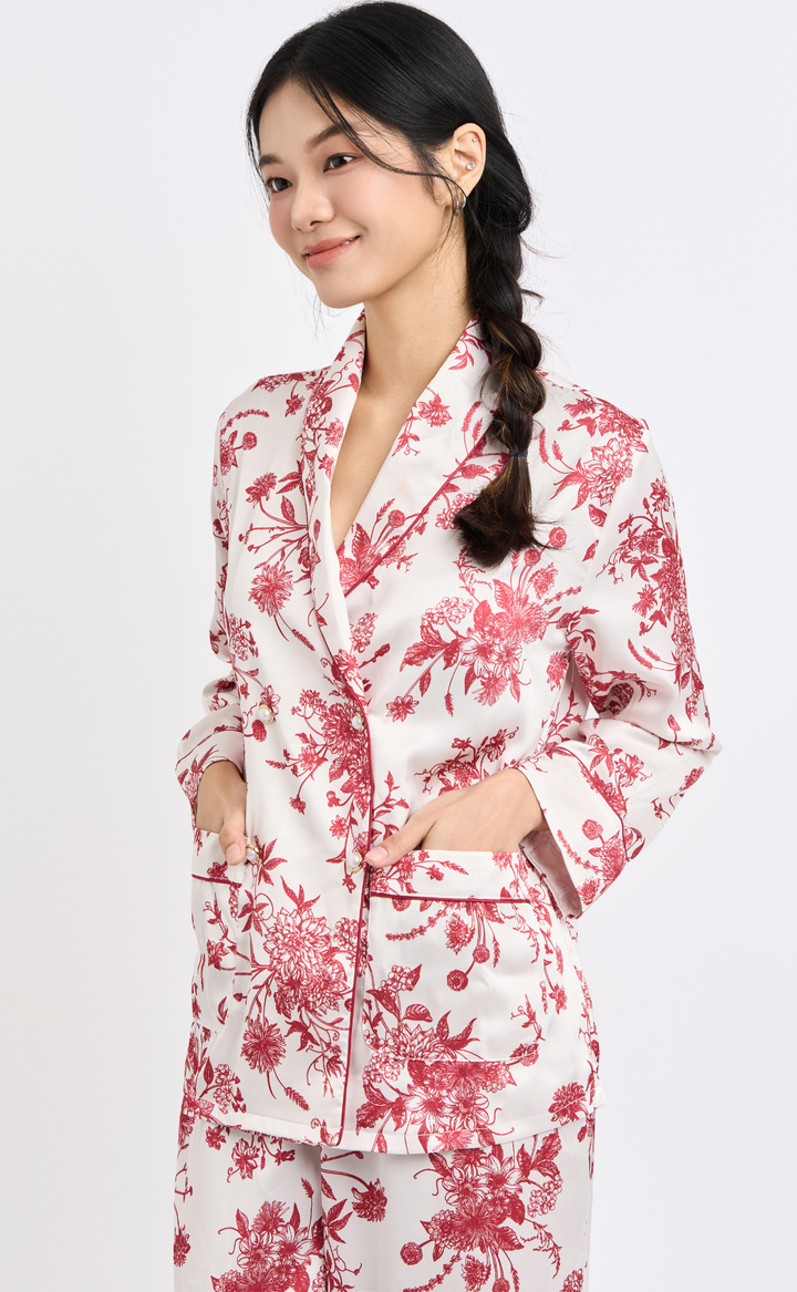 Cozy Bloom • Silk Satin Long Sleeve Pajamas Set (Red Flower Sketch)