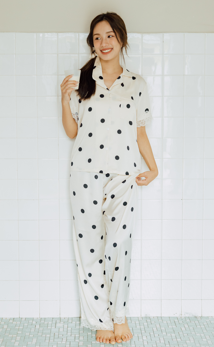 Polkadots • Satin Short Sleeve Pajamas Set (Long Pants)