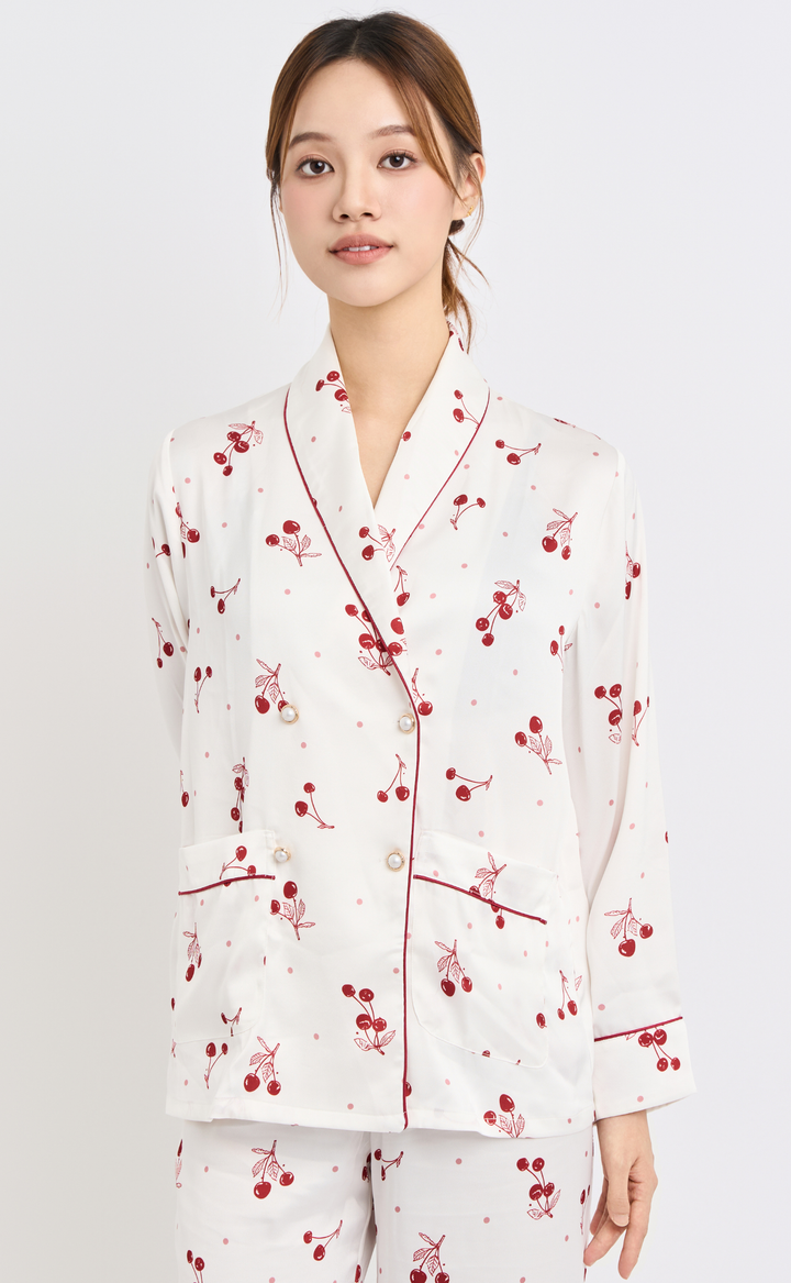 Cozy Bloom • Silk Satin Long Sleeve Pajamas Set (Red Cherry)