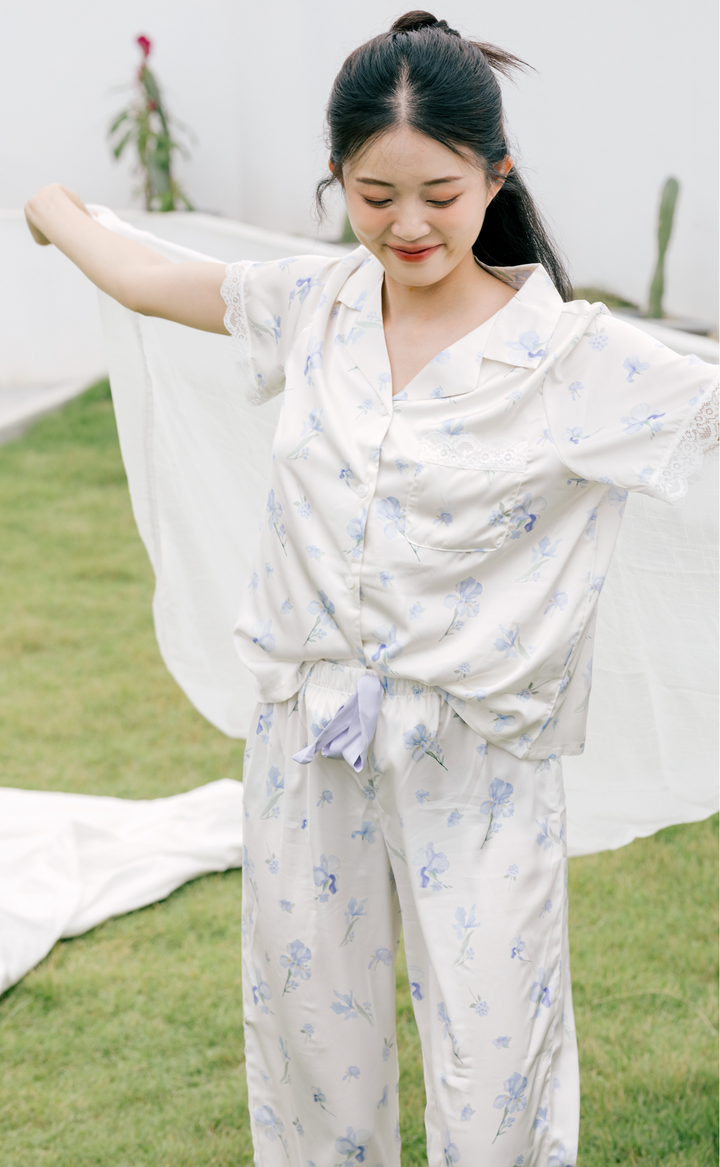Cozy •  Satin Short Sleeve Pajamas Set (Long Pants)