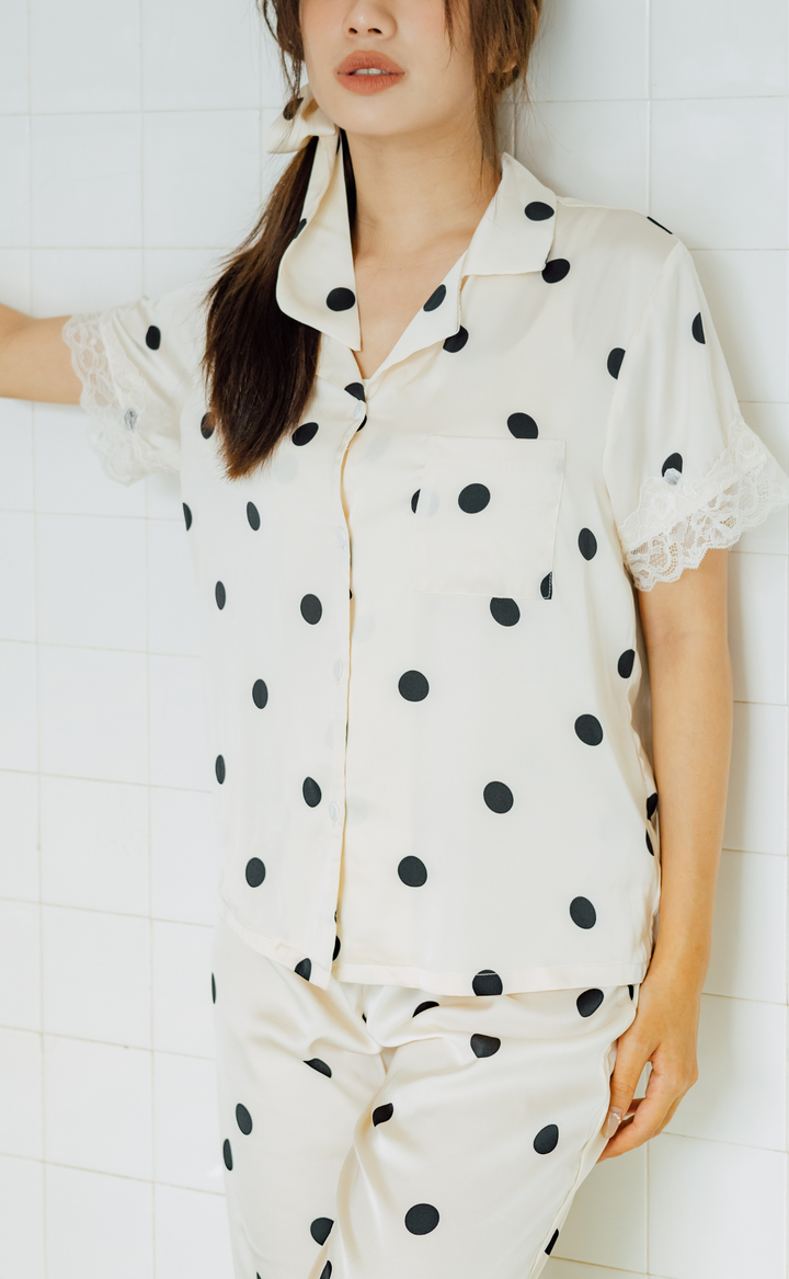 Polkadots •  Satin Short Sleeve Pajamas Set (Long Pants)