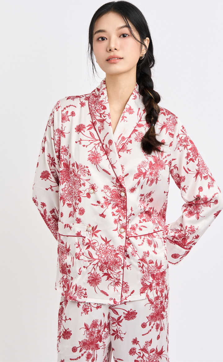 Cozy Bloom • Silk Satin Long Sleeve Pajamas Set (Red Flower Sketch)
