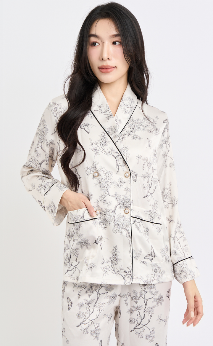 Cozy Bloom • Silk Satin Long Sleeve Pajamas Set (Butterfly Ink)