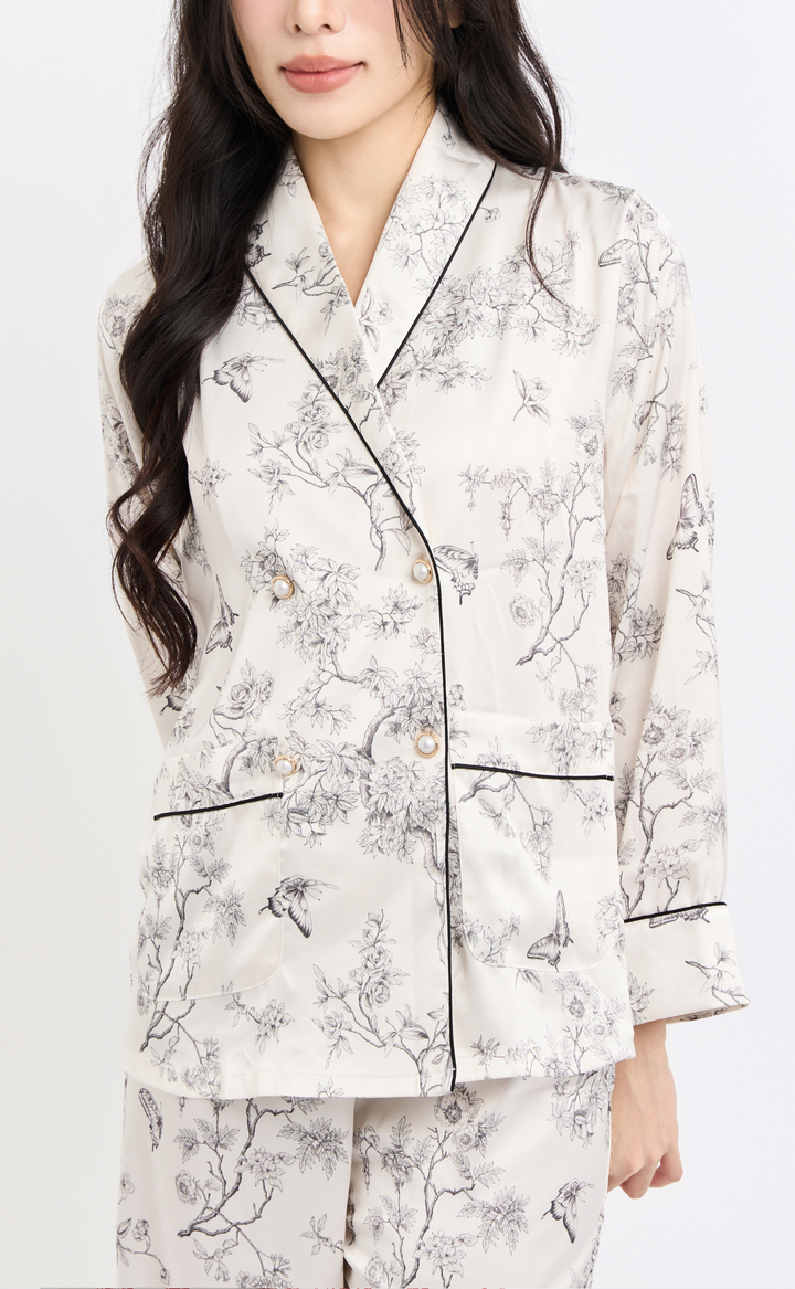 Cozy Bloom • Silk Satin Long Sleeve Pajamas Set (Butterfly Ink)