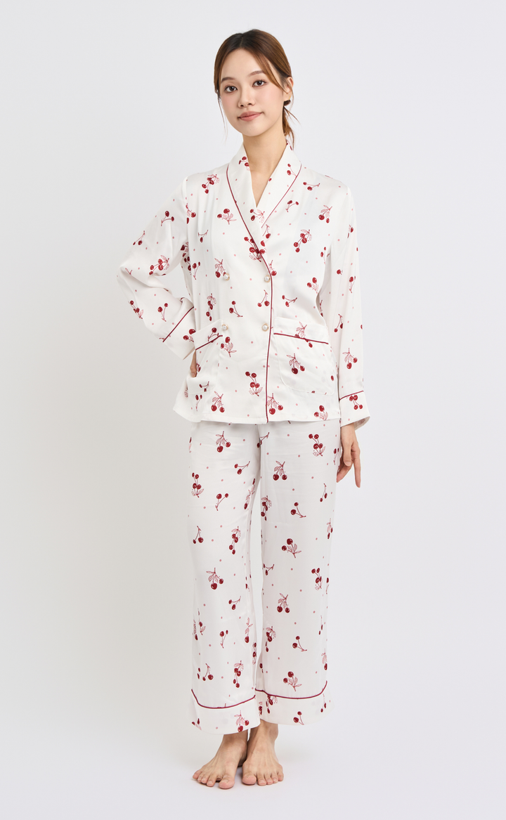 Cozy Bloom • Silk Satin Long Sleeve Pajamas Set (Red Cherry)