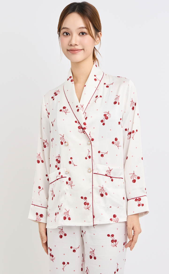 Cozy Bloom • Silk Satin Long Sleeve Pajamas Set (Red Cherry)